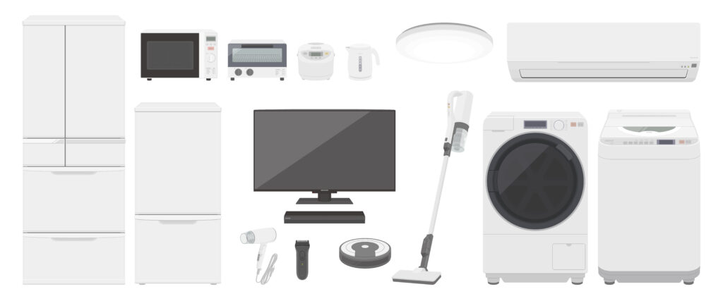 Vector illustration of household appliances such as refrigerator, washing machine, vacuum cleaner, microwave and television, consumer electronics and white goods.